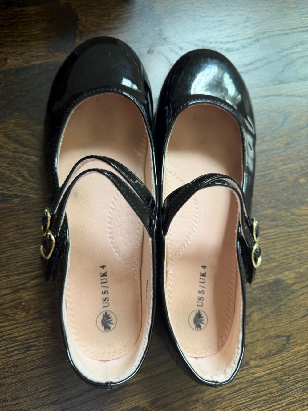 Black Patent Mary Jane Flats with Gold Velcros Buckles